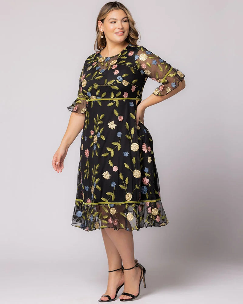 Kiyonna Plus Size Wildflower Embroidered Floral Mesh Dress