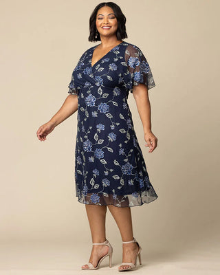 Sonnet Embroidered Midi Cocktail Dress in Navy Blue Blooms