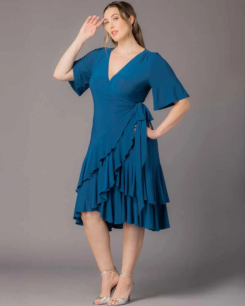Kiyonna Plus Size Miranda Ruffle Wrap Dress - Aegean Blue