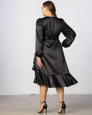 Serena Satin Ruffle Wrap Dress  in Onyx