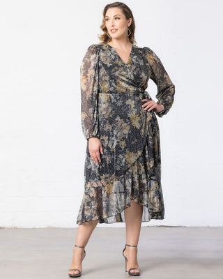 Clara Sparkling Long Sleeve Wrap Dress in Gilded Florals