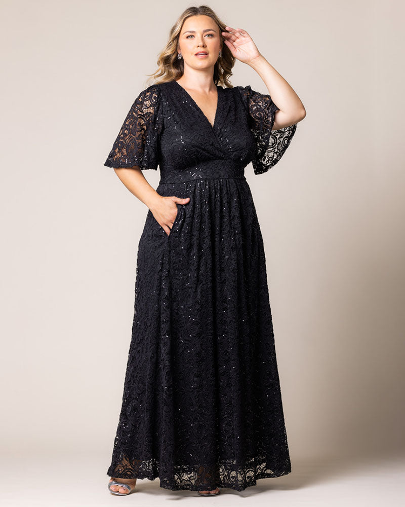 Kiyonna Plus Size Luminous Sequin Lace Evening Gown with Pockets - Onyx Kiyonna Plus Size Luminous Sequin Lace Evening Gown with Pockets - Onyx