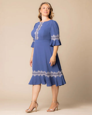 Villa Lace Trim Cocktail Dress in Slate Blue
