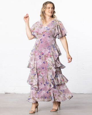 Tour de Flounce Chiffon Evening Gown in Lilac Floral Print