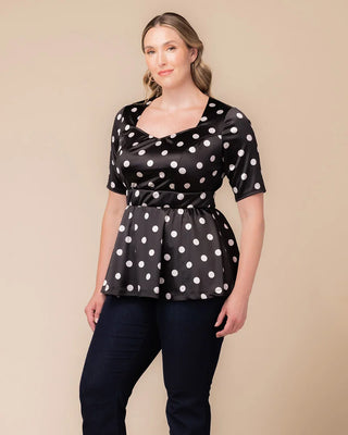 Posh Peplum Top in Black Polka Dot