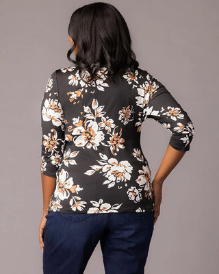Femme Fatale Faux Wrap Top in Black Scattered Blooms