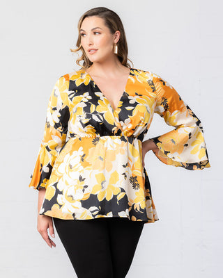 Honey Satin Bell Sleeve Top  in Sunset Blooms
