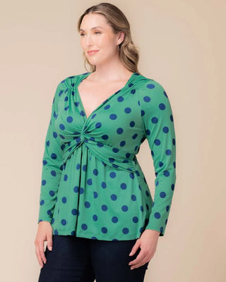 Abigail Long Sleeve Twist Top in Green Polka Dot
