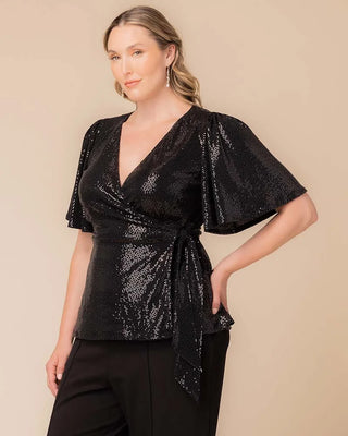 Shimmering Sequin Wrap Top in Onyx