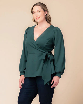 Natasha Long Sleeve Wrap Top in Hunter Green