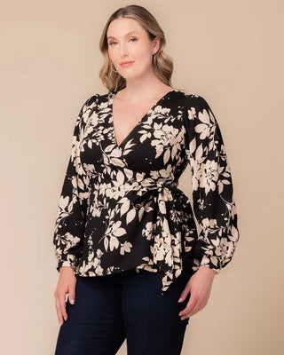 Natasha Long Sleeve Wrap Top in Vintage Ivory Florals