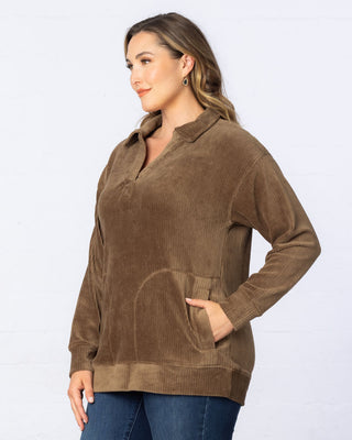 Oversized Collared Corduroy Pullover Tunic Top  in Dark Earth