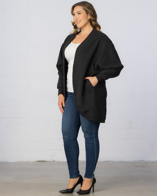 Open Front Faux Fur Cardigan with Pockets in Black