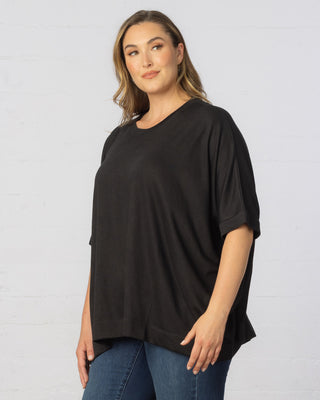 Mid-Length Sleeve Asymmetrical Cape Top in Black