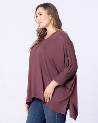 Long Sleeved Hi-Lo Cape Tunic Top in Plum Passion