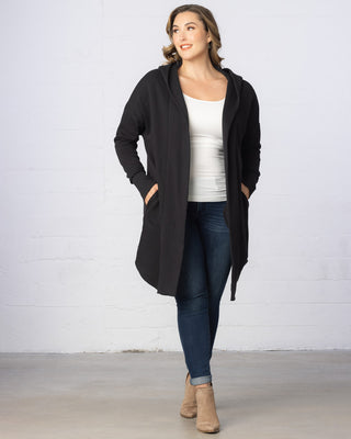 Open Front Longline Hooded Cardigan in Black