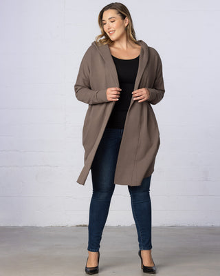 Open Front Longline Hooded Cardigan in Cocoa