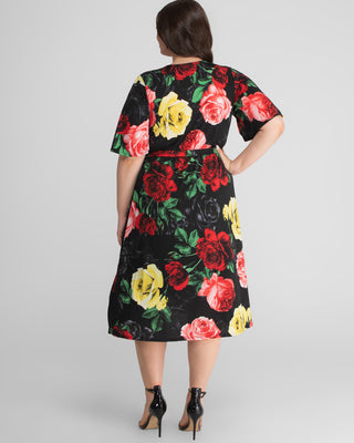 Melody Faux Wrap Dress in Black Floral Print