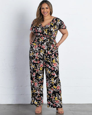 Odessa Ruffle Jumpsuit  in Black Tropical Blooms