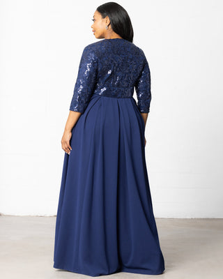 Paris Pleated Sequin Gown in Nocturnal Navy