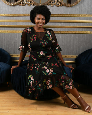 Wildflower Embroidered Dress in Onyx Blooms