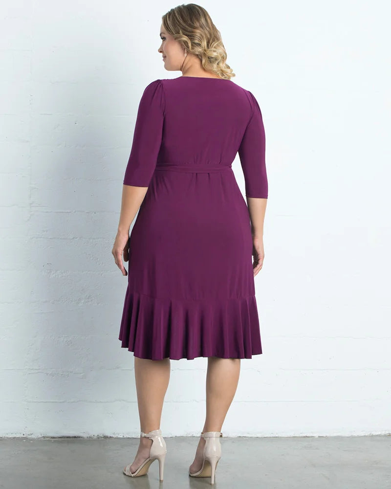 Kiyonna Plus Size Whimsy Ruffled Midi Wrap Dress - Plum Passion