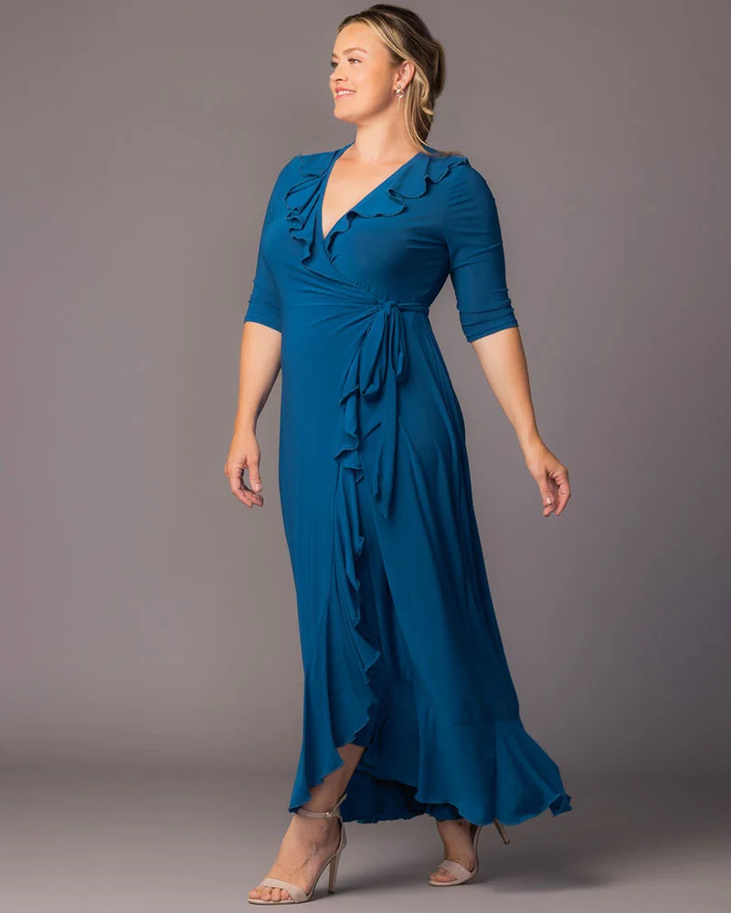 Kiyonna Plus Size Maritime Ruffle Maxi Dress with Sleeves - Aegean Blue Kiyonna Plus Size Maritime Ruffle Maxi Dress with Sleeves - Aegean Blue