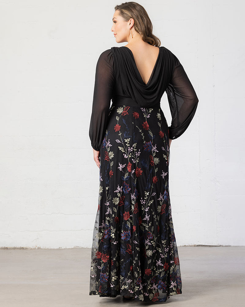 Plus Size Black With Navy Blue Floral Print Long Formal Dress With Sleeves  #MN075 - GemGrace.com