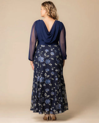 Isabella Embroidered Mesh Gown in Navy Blue Blooms