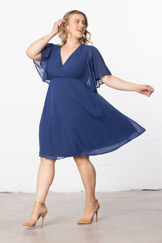 Florence Flutter Sleeve Dress  in Denim Blue Dot