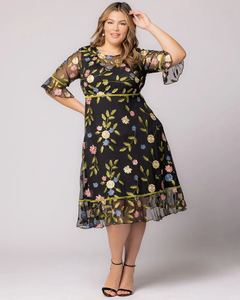 floral formal dresses plus size Kiyonna Plus Size Wildflower Embroidered Floral Mesh Dress