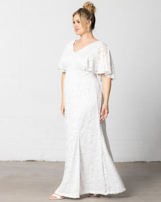 Clarissa Lace Flutter Sleeve Long Wedding Dress in Pearl