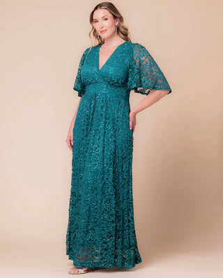 Luminous Sequin Lace Long Gown in Teal Topaz