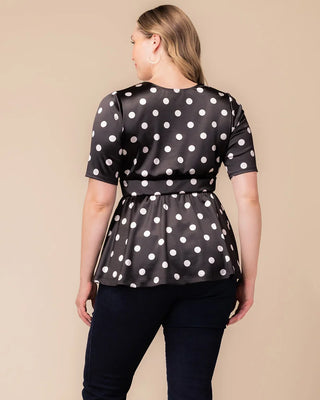 Posh Peplum Top in Black Polka Dot