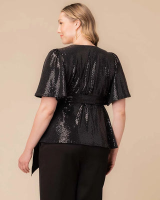 Shimmering Sequin Wrap Top in Onyx