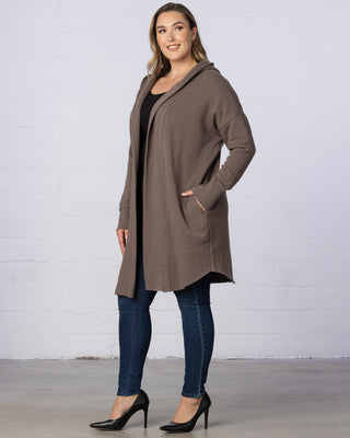 Open Front Longline Hooded Cardigan in Cocoa