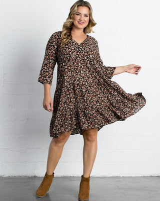 Issy Tiered Tunic Dress  in Black Floral Print