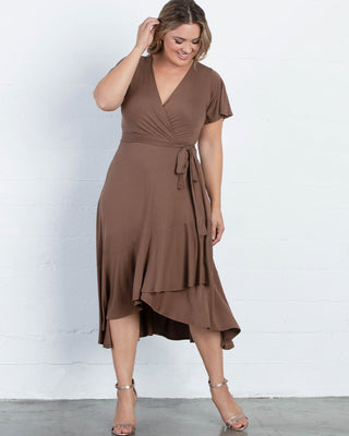 Rayna Plus Size Cocktail Wrap Dress  in Brown/Taupe