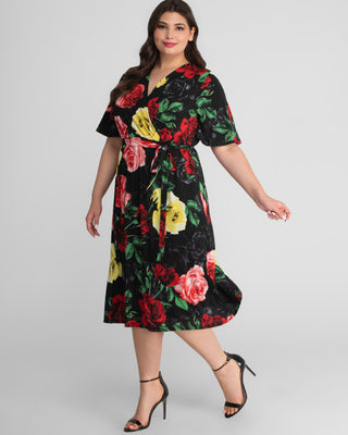 Melody Faux Wrap Dress in Black Floral Print