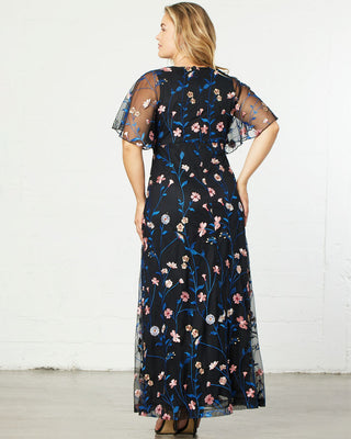 Embroidered Elegance Evening Gown in Midnight Meadow Print