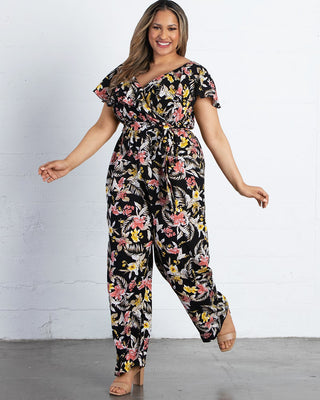 Odessa Ruffle Jumpsuit  in Black Tropical Blooms