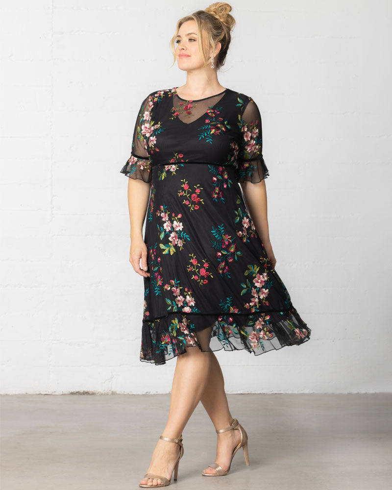 Kiyonna Plus Size Wildflower Embroidered Floral Mesh Dress - Onyx Kiyonna Plus Size Wildflower Embroidered Floral Mesh Dress - Onyx