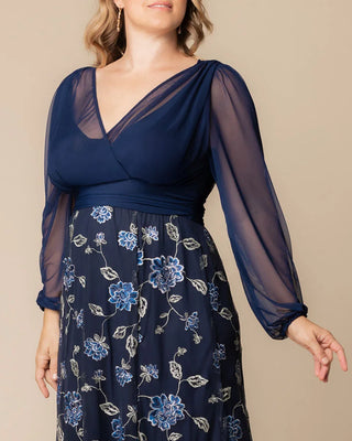 Isabella Embroidered Mesh Gown in Navy Blue Blooms