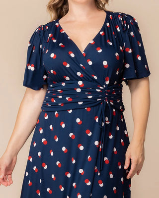 Jemma Ruched Tie Dress in Navy Dot Duo