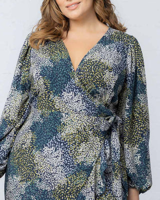 Julia Long Sleeve Wrap Dress in Blue Impressionist Print