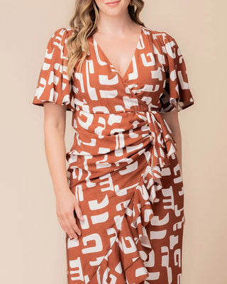 Alexandra Faux Wrap Dress in Chocolate Abstraction