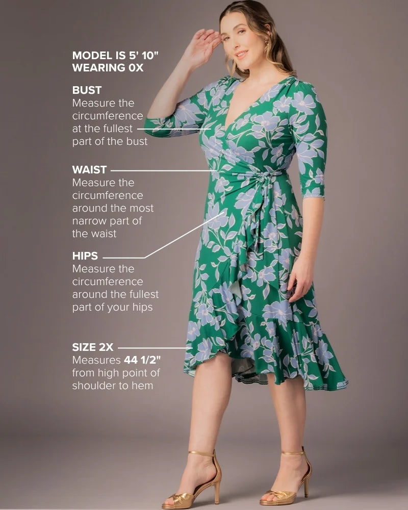 Plus Size Flirty Flounce Wrap Dress Green and Blue Florals / 3X (22-24)
