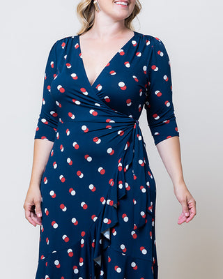 Flirty Flounce Wrap Dress in Navy Dot Duo