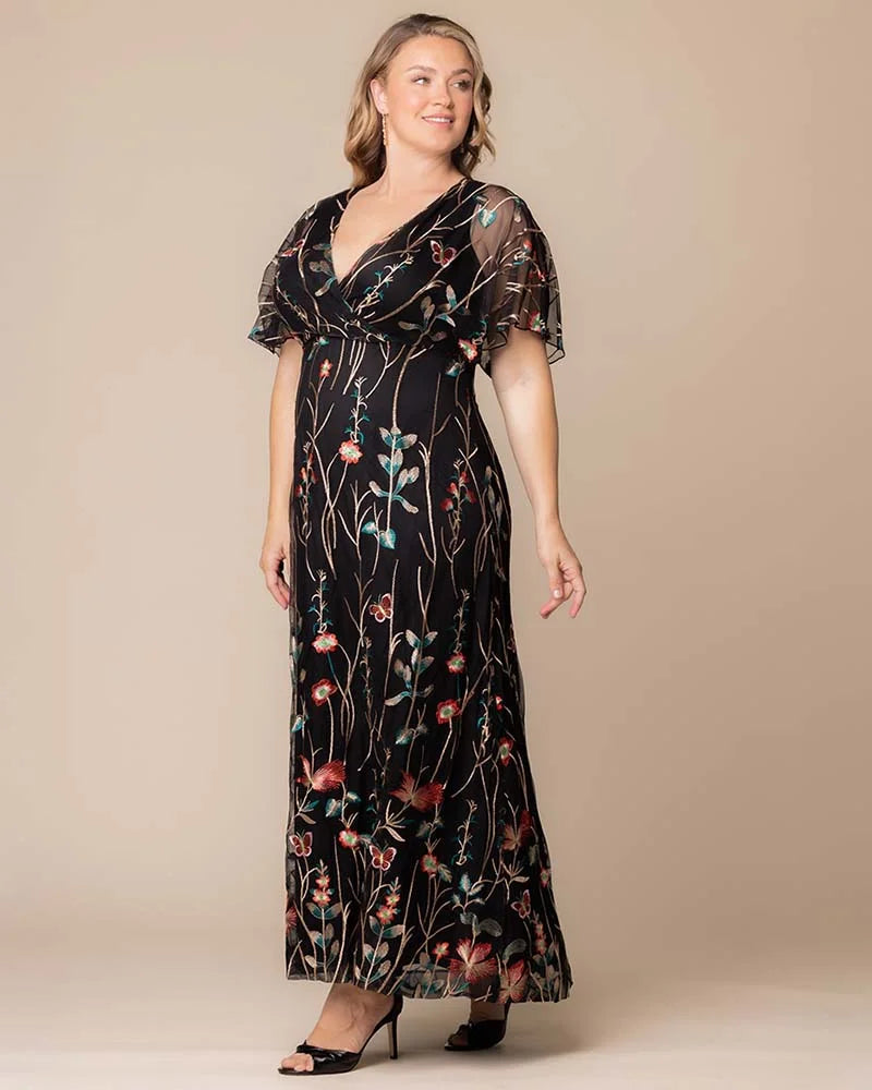 Kiyonna Plus Size Embroidered Elegance Evening Gown - Onyx
