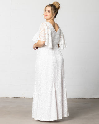 Clarissa Lace Flutter Sleeve Long Wedding Dress in Pearl